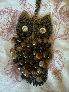 Owl Pendant Necklace with Faceted Brown Beads